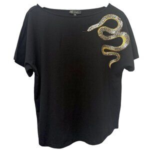DIANE GILMAN DG2 Snake Sequin Tee Size Medium Black Short Sleeve Womens Top